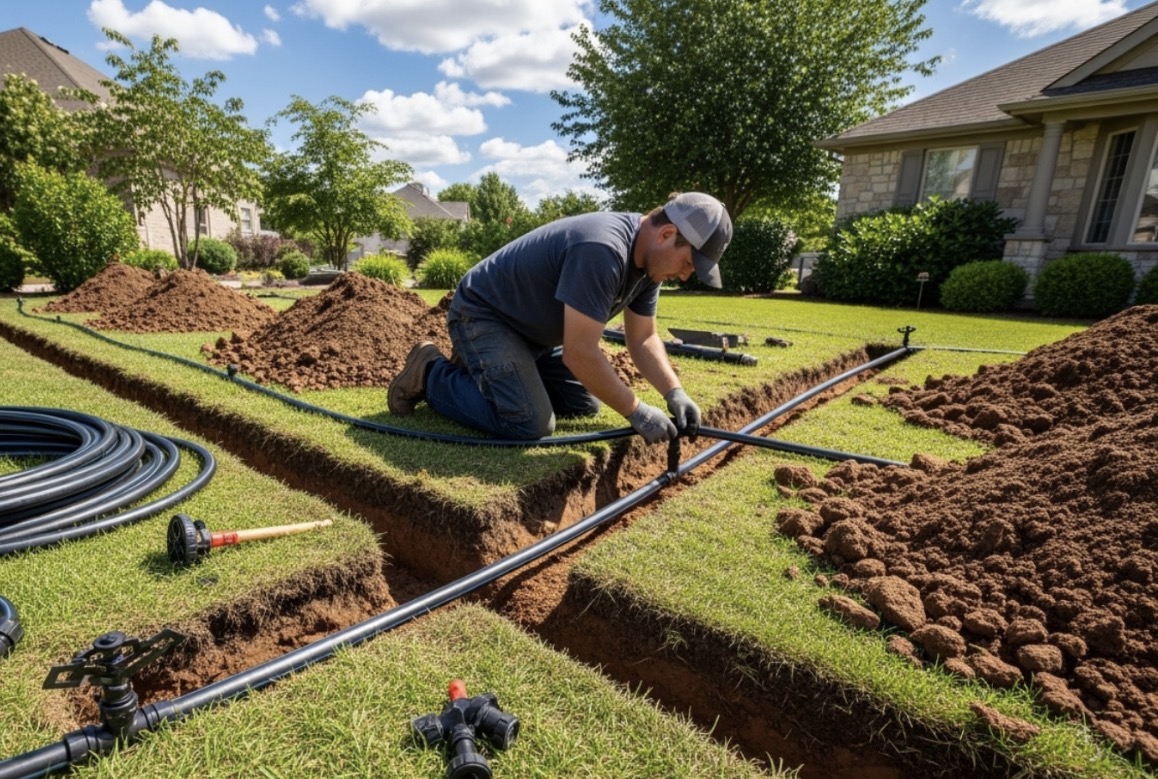 Sprinkler head watering a green residential lawn